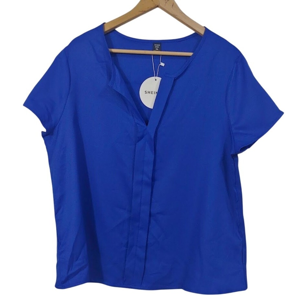 14 SHEIN‎ Womens 1XL Blue V-Neck Cap Sleeve Blouse Top Casual Lightweight NWT